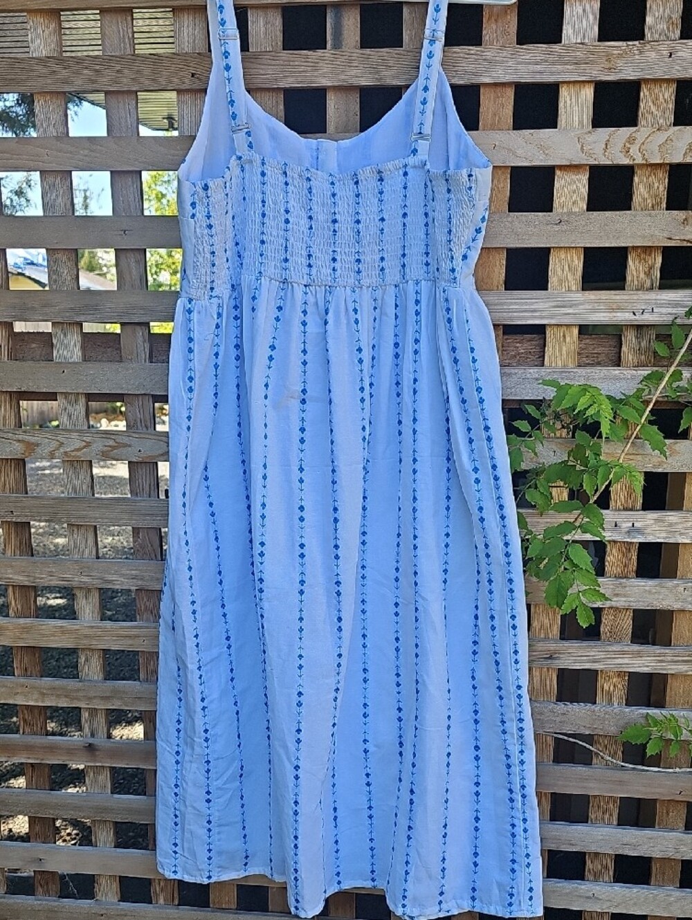 White Dress With Light Blue Stripes Embroidered Button-Front Midi Dress - Picture 9 of 14